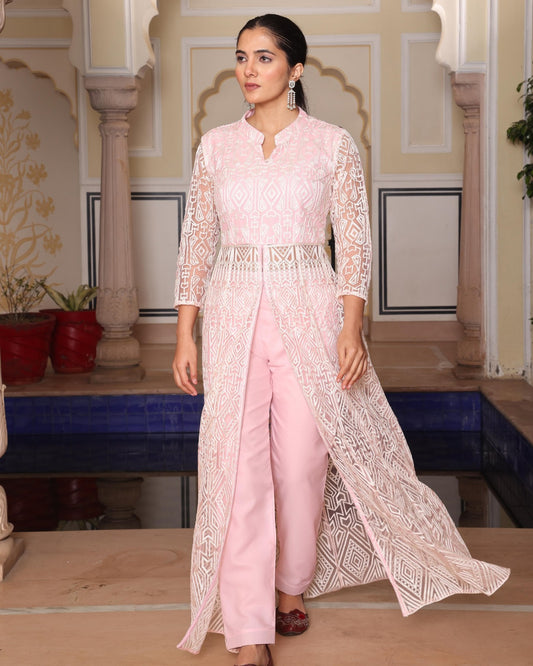Women's Indo-Western Top Pant Set in Peach Net with Chain Stitch Embroidery