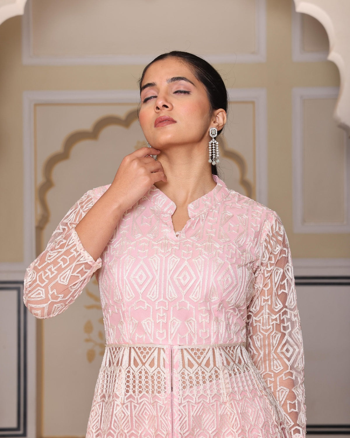 Women's Indo-Western Top Pant Set in Peach Net with Chain Stitch Embroidery