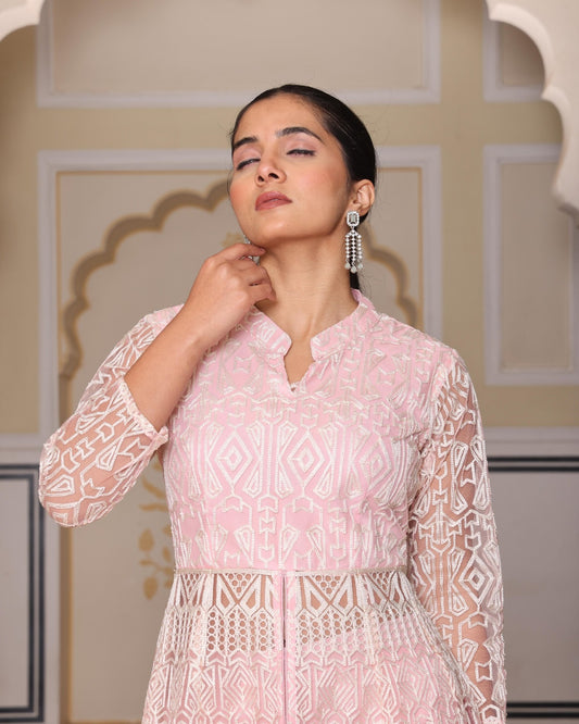 Women's Indo-Western Top Pant Set in Peach Net with Chain Stitch Embroidery