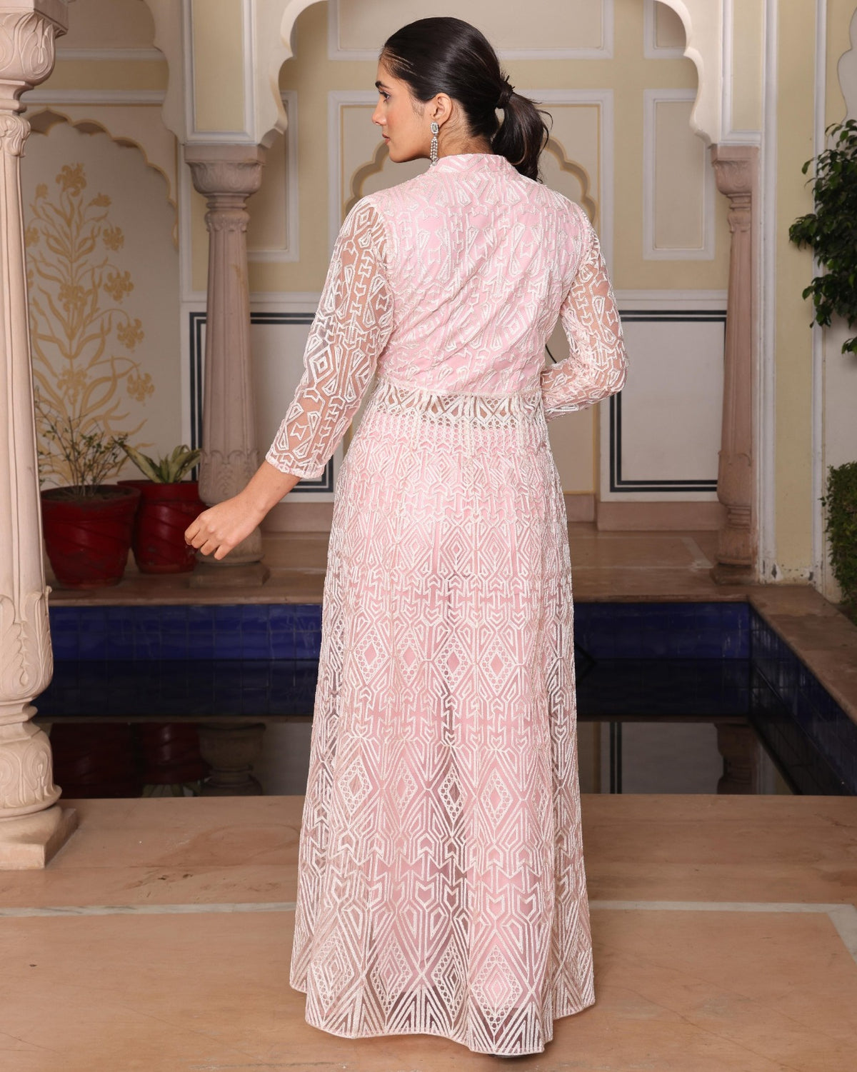 Women's Indo-Western Top Pant Set in Peach Net with Chain Stitch Embroidery