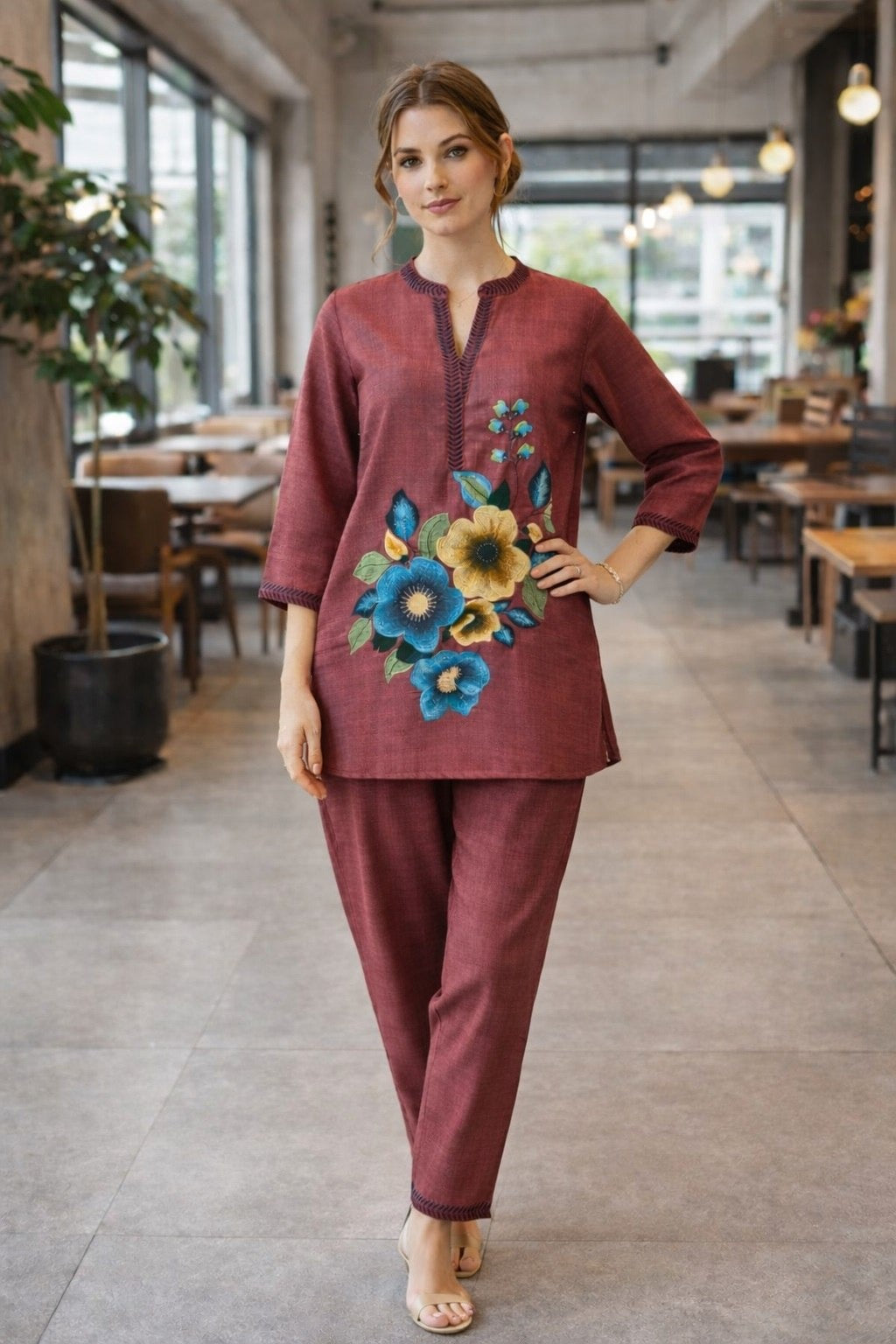 Women's Co-Ord Set in Maroon & Pista Poly Linen Cotton with Floral Embroidery