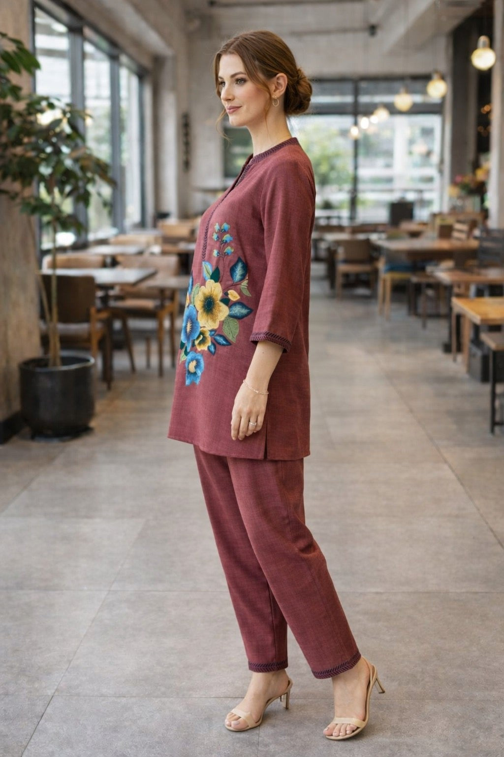 Women's Co-Ord Set in Maroon & Pista Poly Linen Cotton with Floral Embroidery