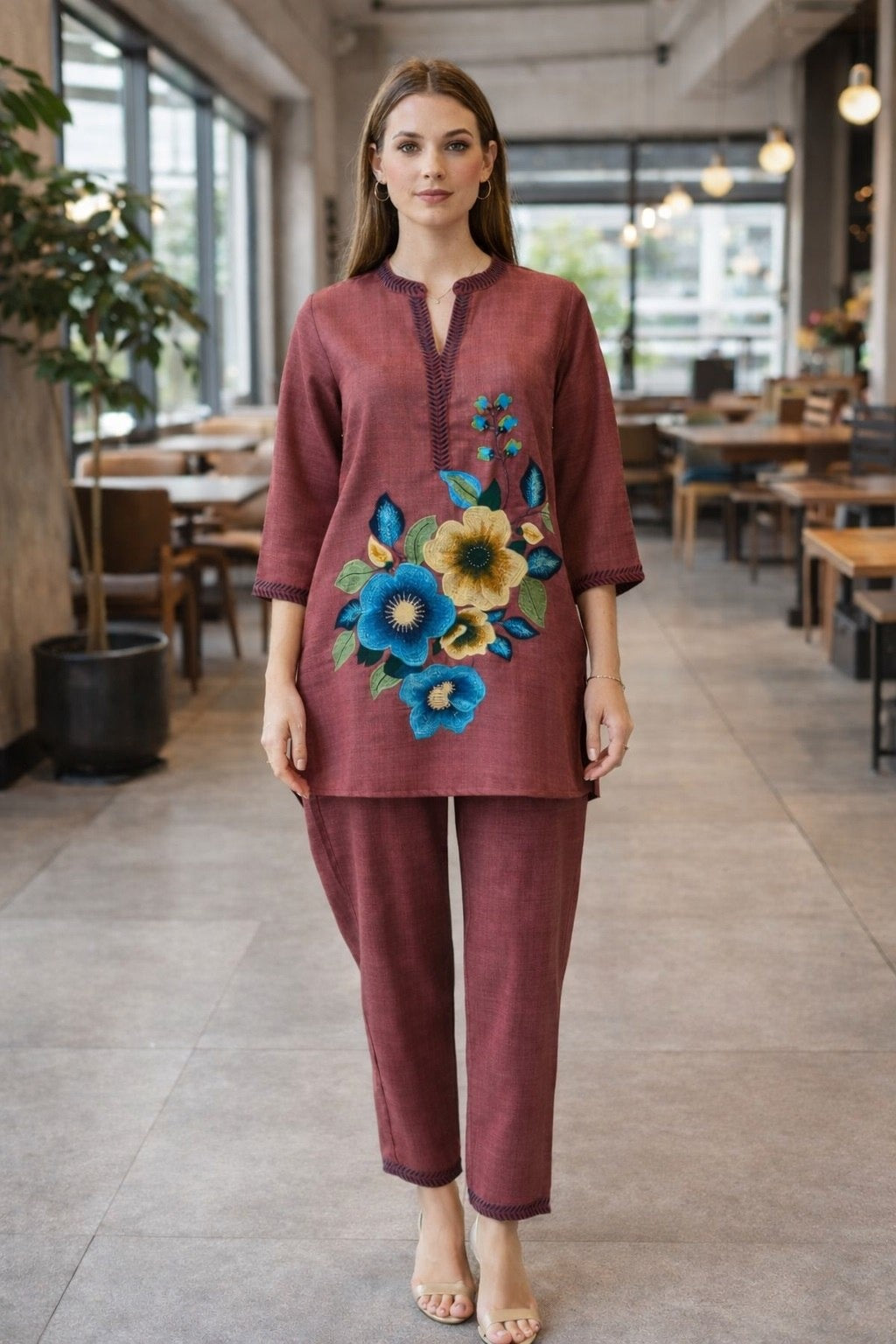 Women's Co-Ord Set in Maroon & Pista Poly Linen Cotton with Floral Embroidery