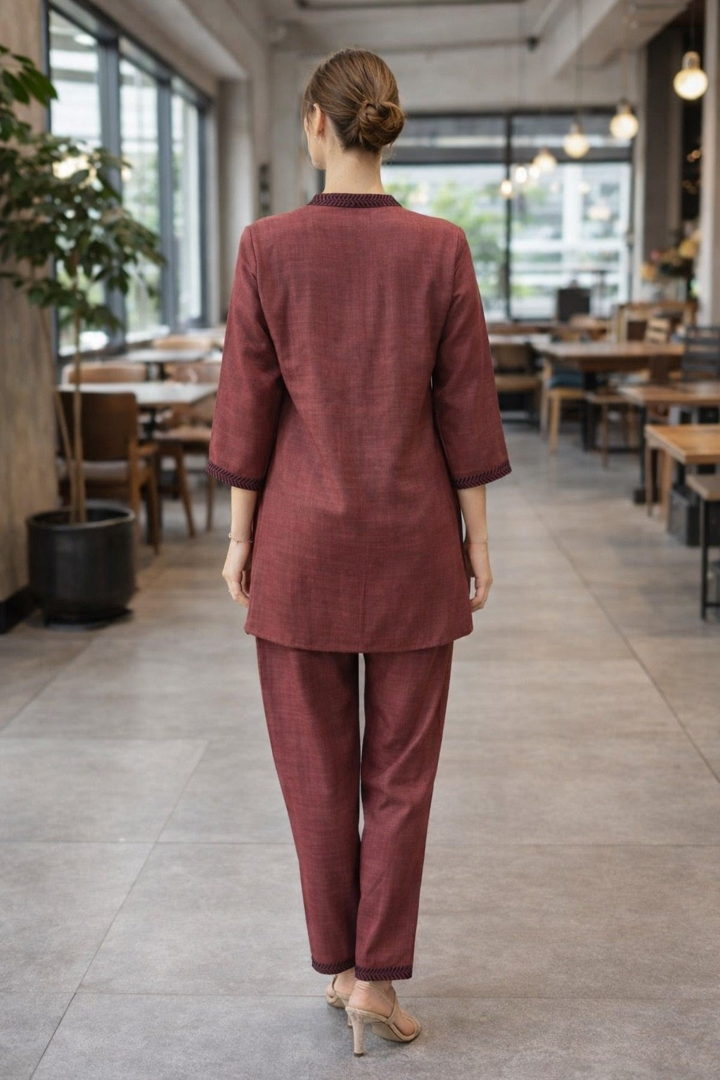 Women's Co-Ord Set in Maroon & Pista Poly Linen Cotton with Floral Embroidery