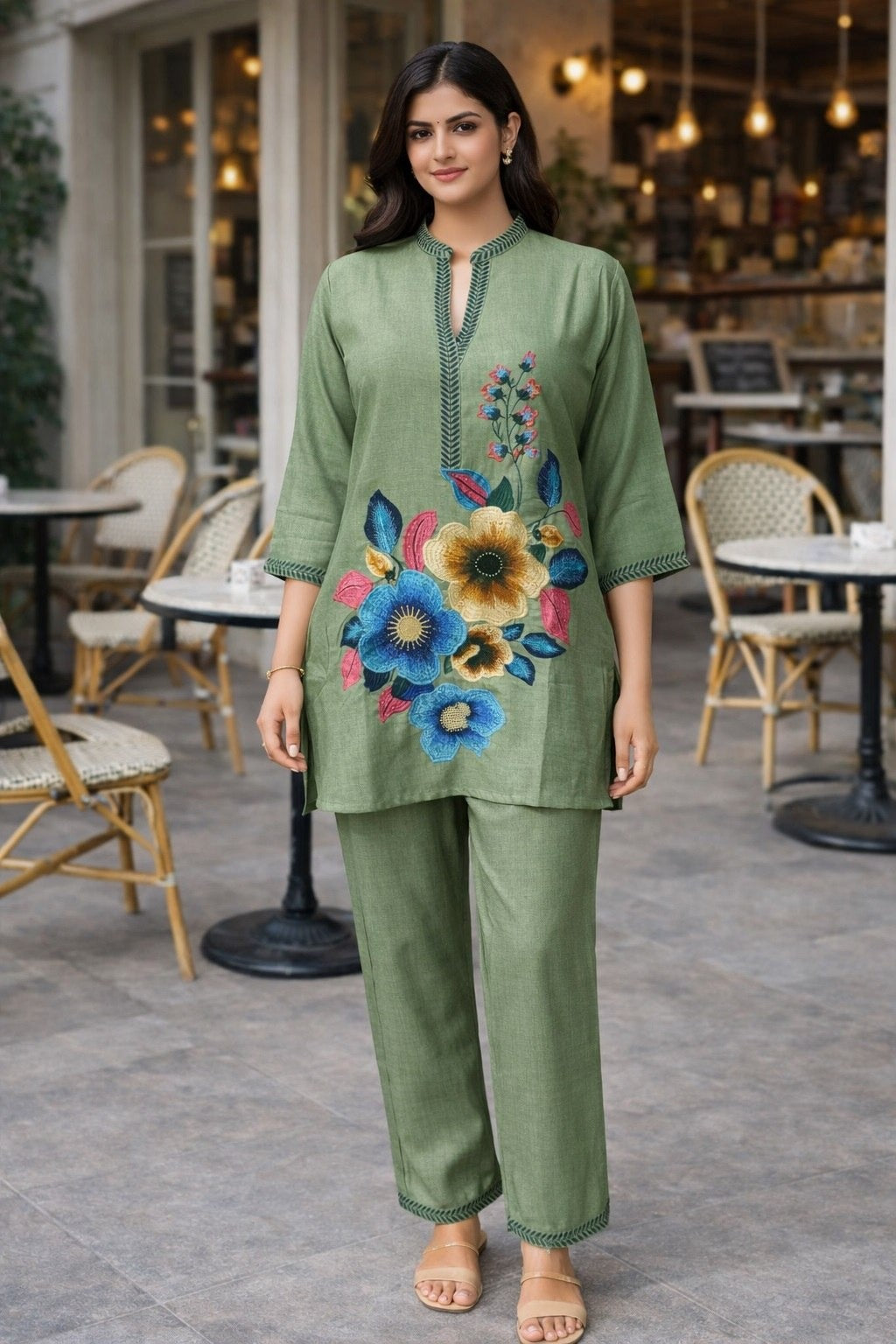 Women's Co-Ord Set in Maroon & Pista Poly Linen Cotton with Floral Embroidery