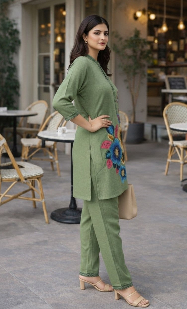 Women's Co-Ord Set in Maroon & Pista Poly Linen Cotton with Floral Embroidery