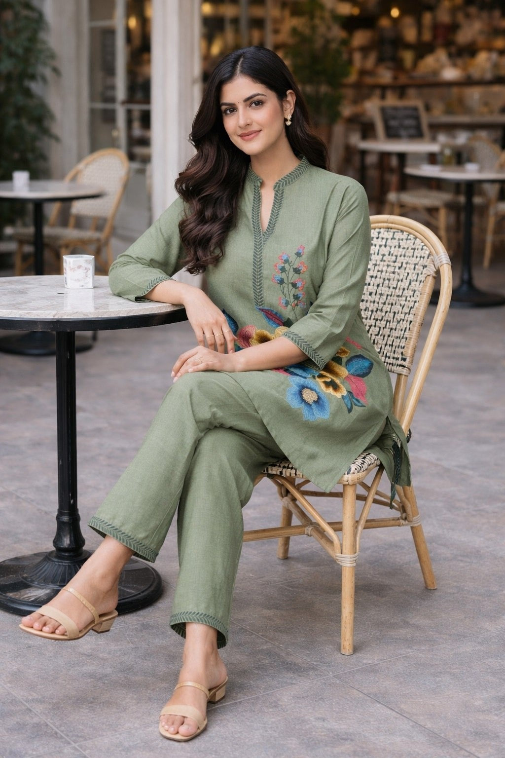 Women's Co-Ord Set in Maroon & Pista Poly Linen Cotton with Floral Embroidery