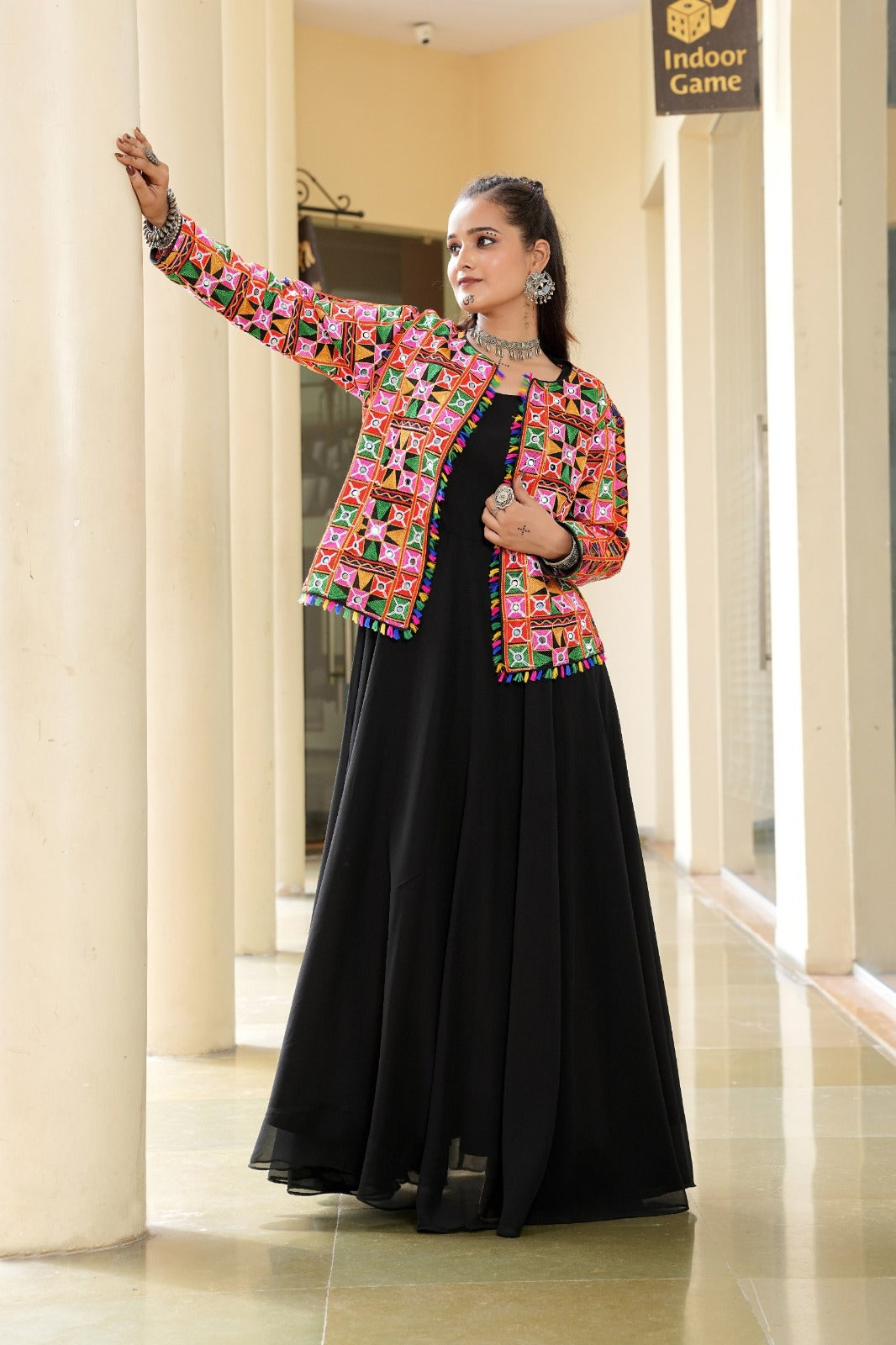 Women's Long Gown in Black Georgette with Embroidered Mirror Work Jacket