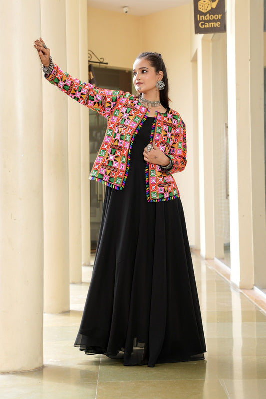Women's Long Gown in Black Georgette with Embroidered Mirror Work Jacket