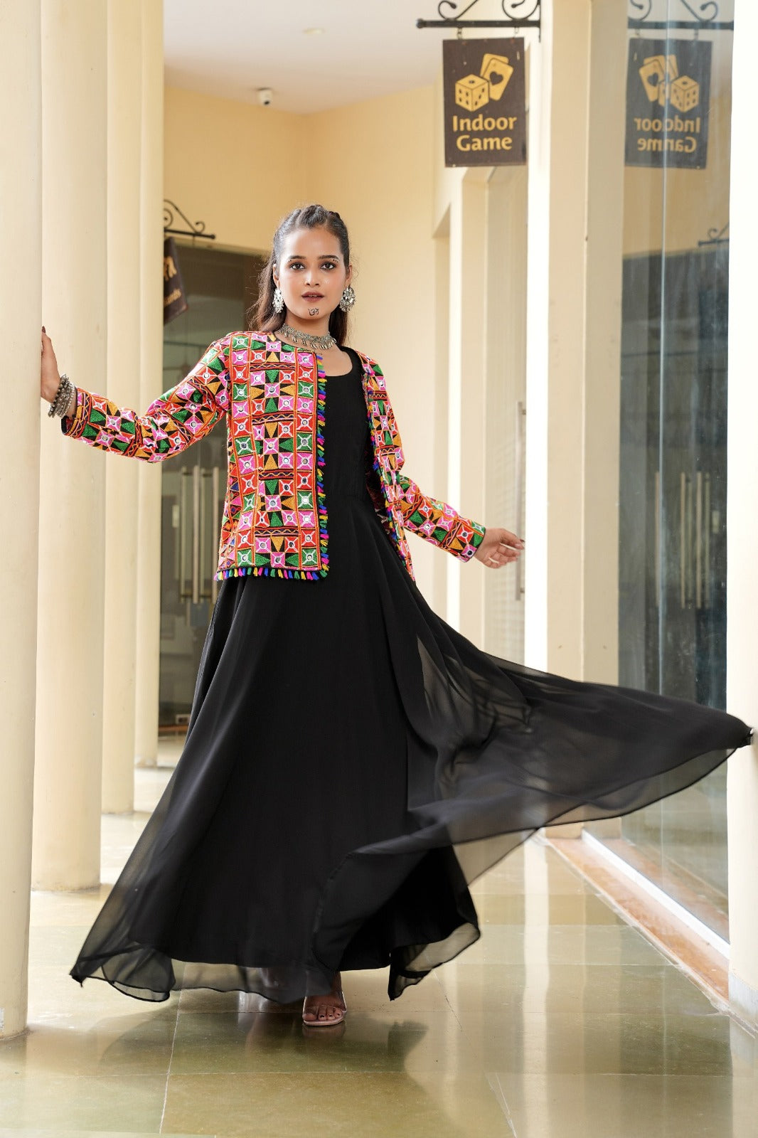Women's Long Gown in Black Georgette with Embroidered Mirror Work Jacket