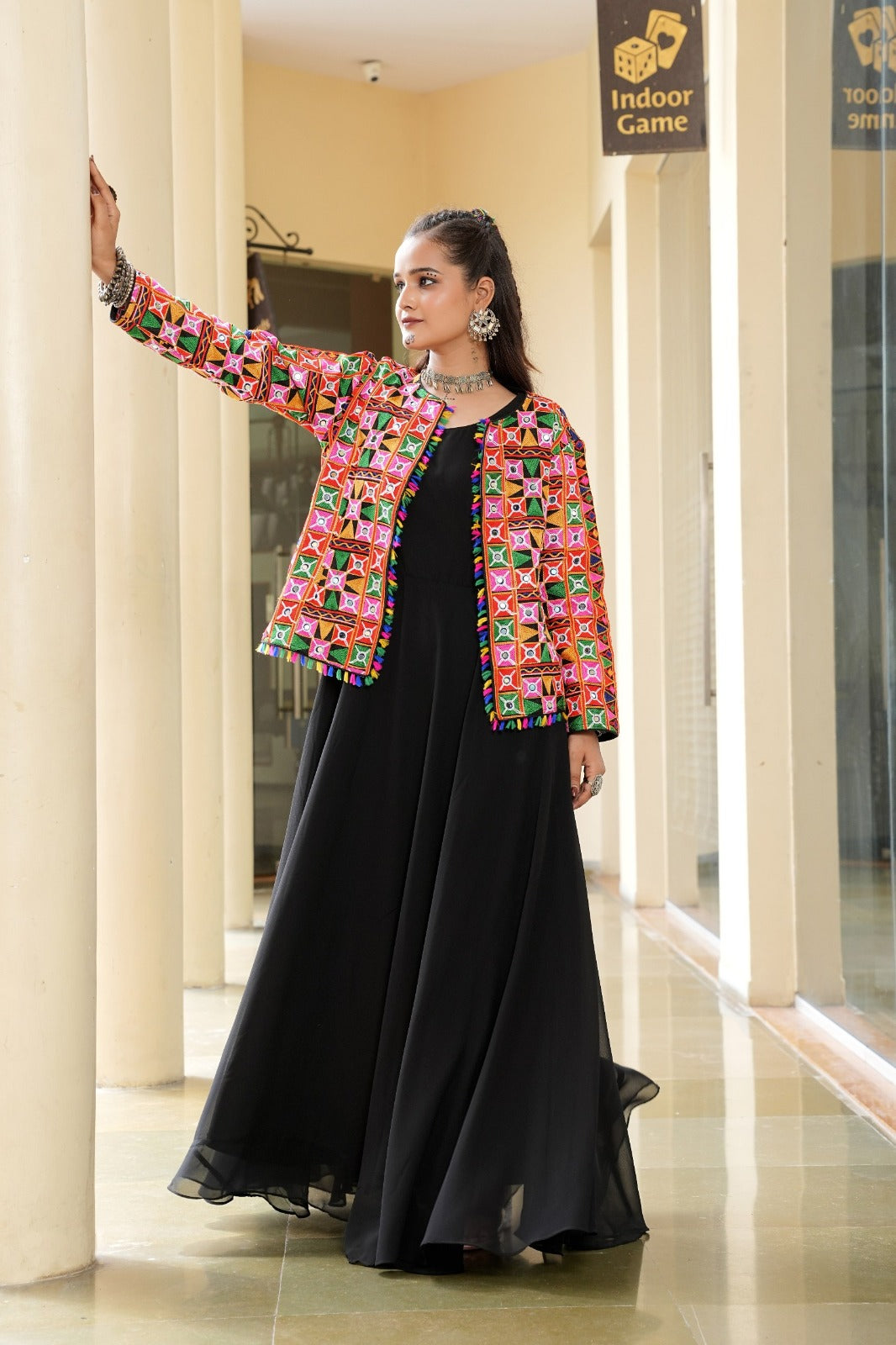 Women's Long Gown in Black Georgette with Embroidered Mirror Work Jacket