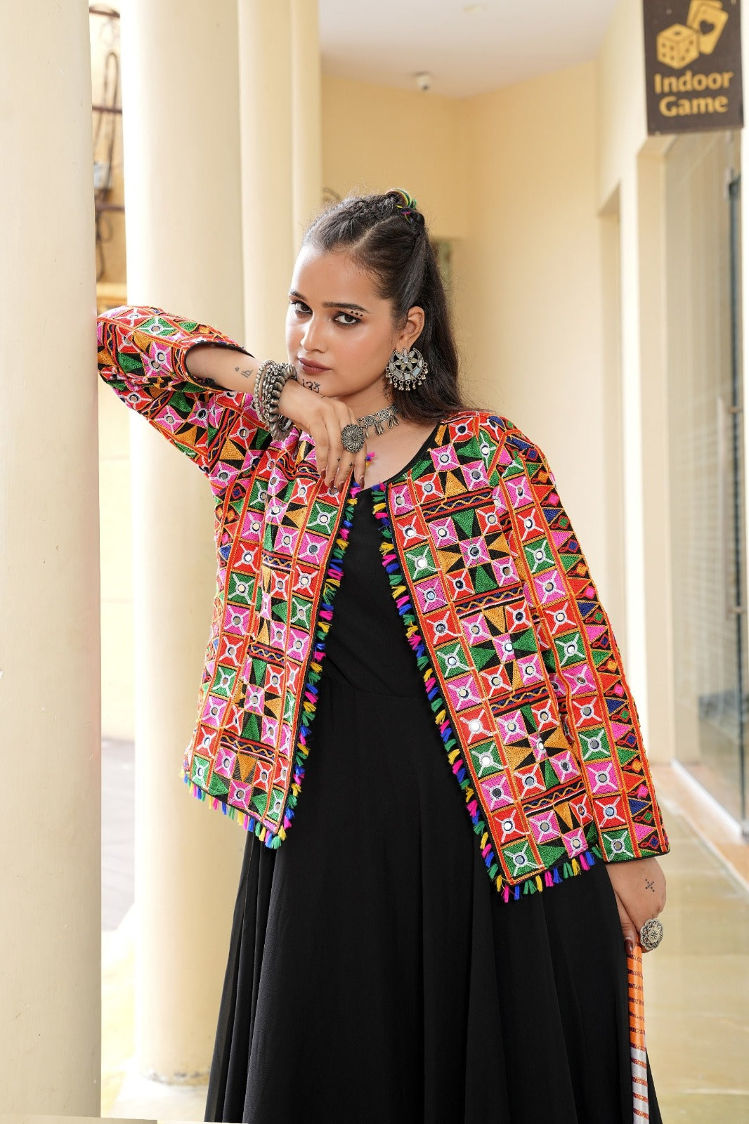Women's Long Gown in Black Georgette with Embroidered Mirror Work Jacket