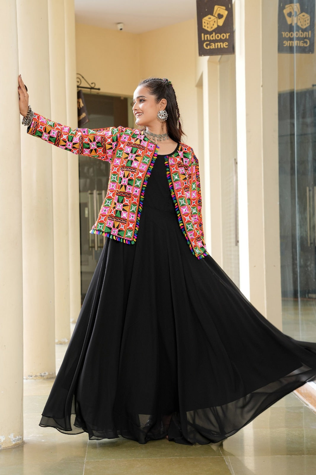 Women's Long Gown in Black Georgette with Embroidered Mirror Work Jacket