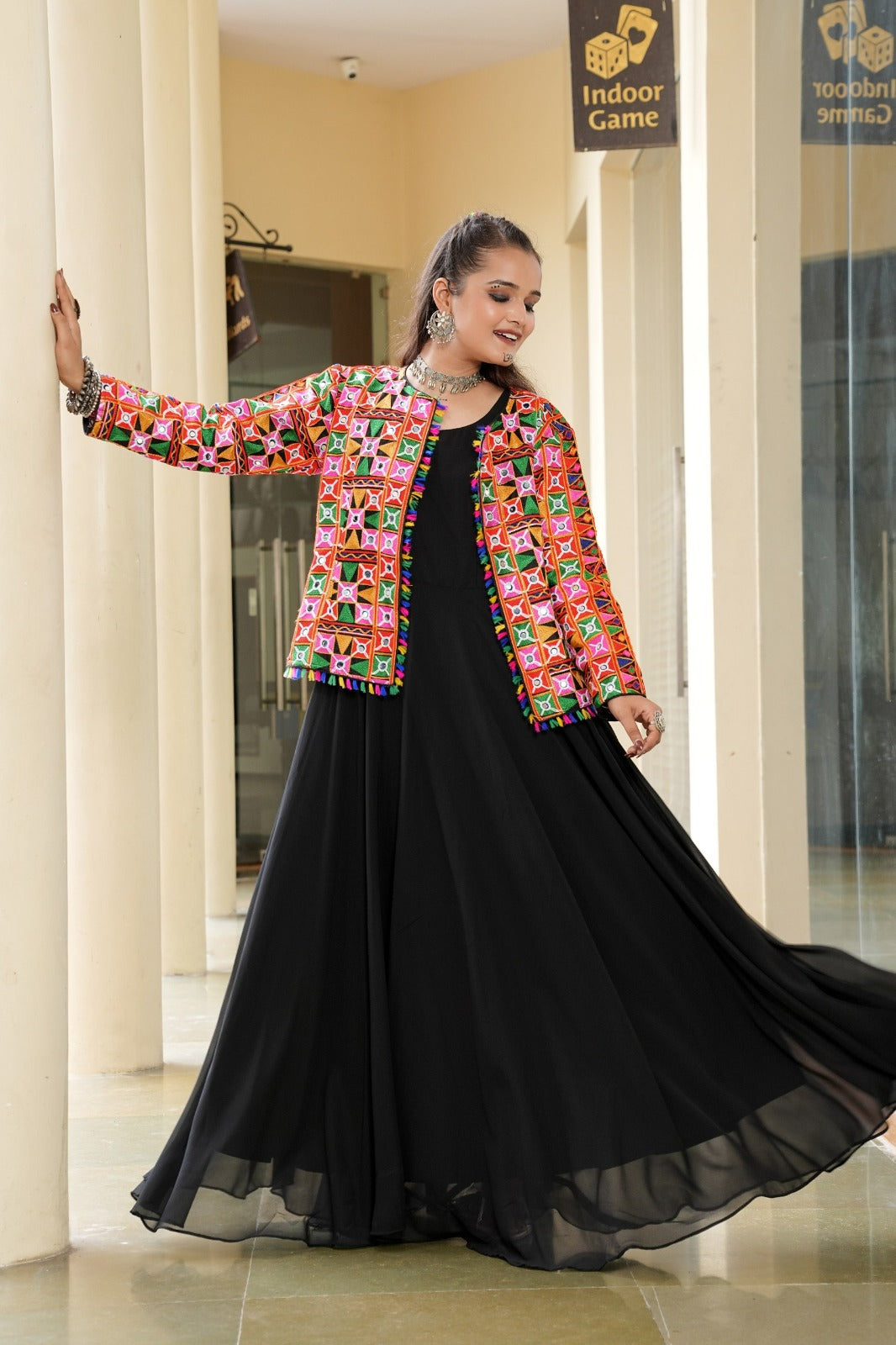 Women's Long Gown in Black Georgette with Embroidered Mirror Work Jacket