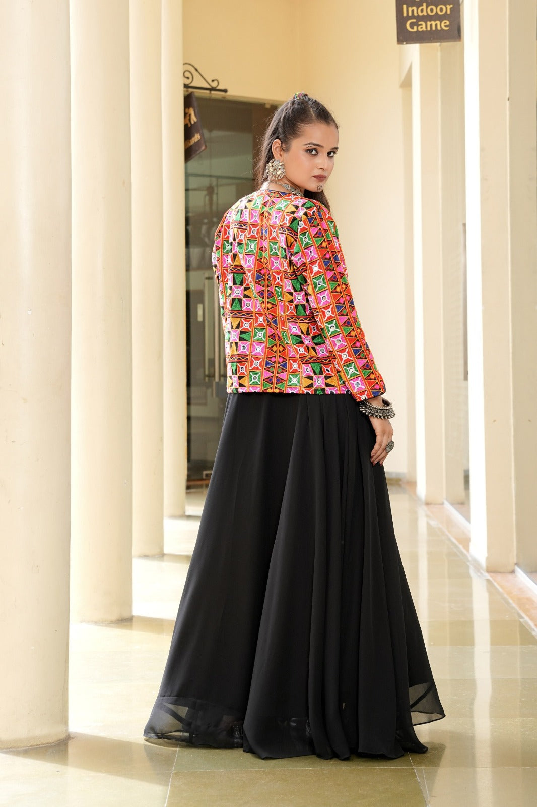 Women's Long Gown in Black Georgette with Embroidered Mirror Work Jacket