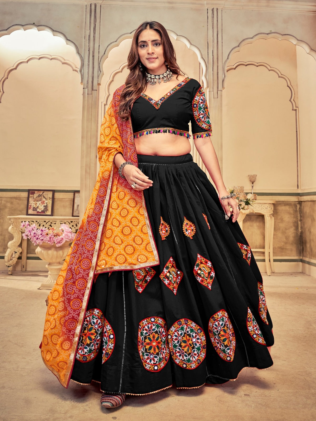 Women's Lehenga Choli in Black & Maroon Cotton Silk with Mirror Embroidery