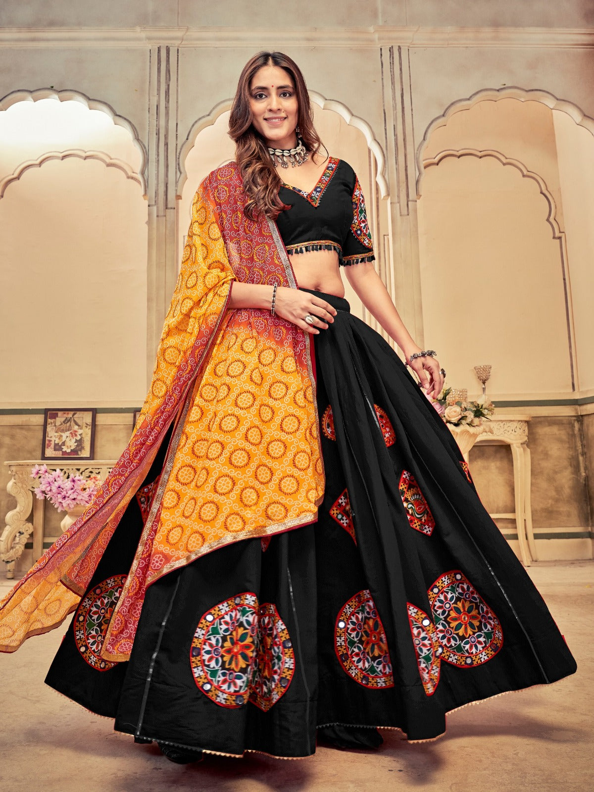 Women's Lehenga Choli in Black & Maroon Cotton Silk with Mirror Embroidery