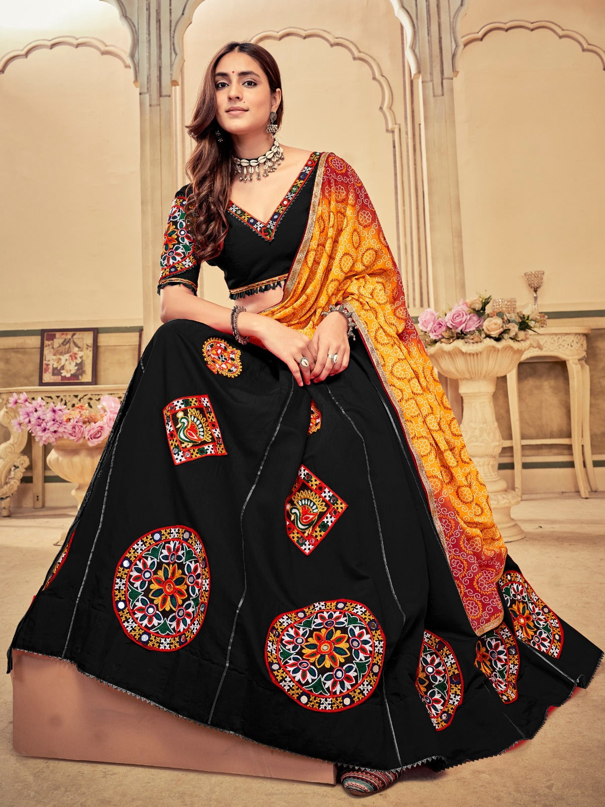 Women's Lehenga Choli in Black & Maroon Cotton Silk with Mirror Embroidery