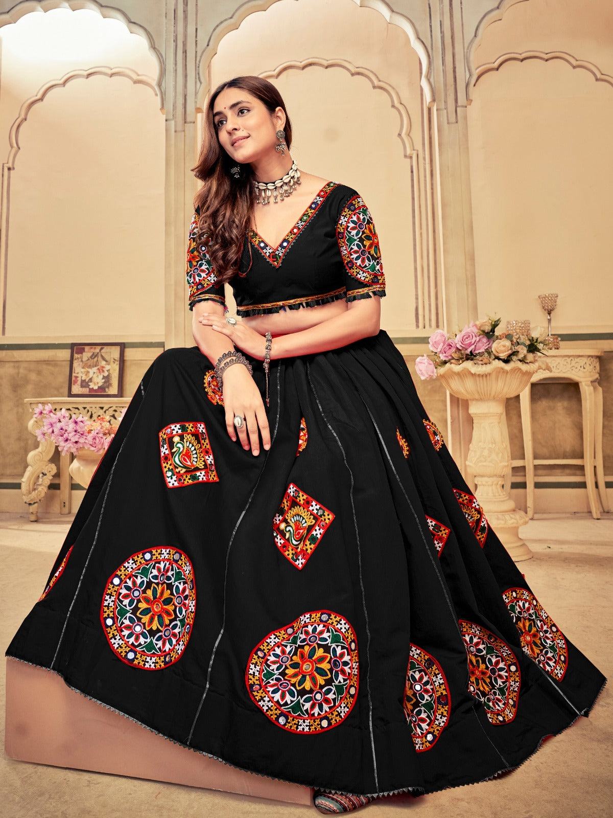 Women's Lehenga Choli in Black & Maroon Cotton Silk with Mirror Embroidery