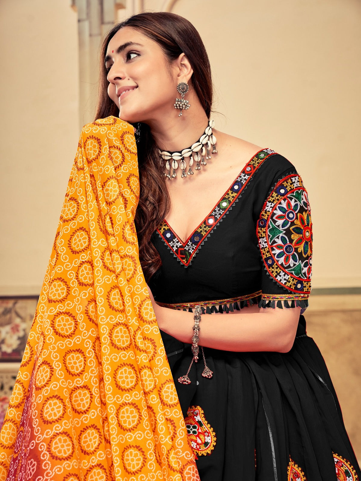 Women's Lehenga Choli in Black & Maroon Cotton Silk with Mirror Embroidery