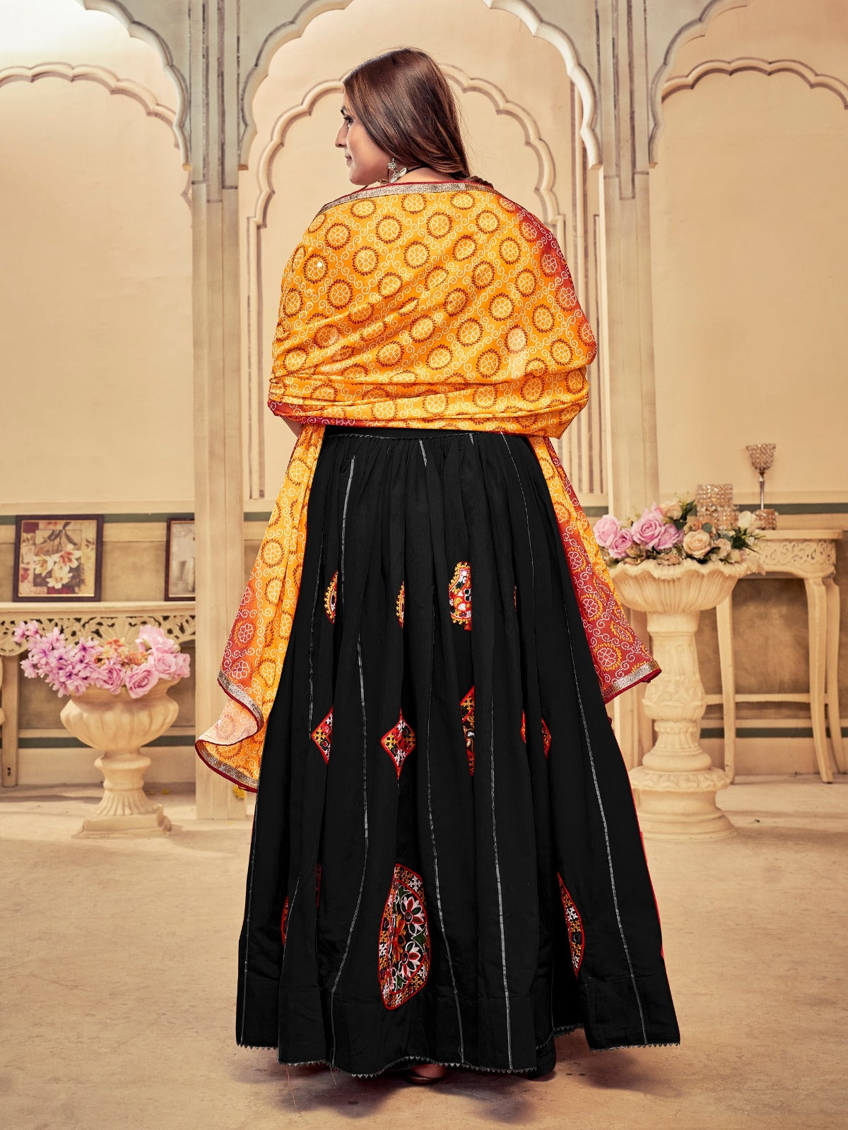 Women's Lehenga Choli in Black & Maroon Cotton Silk with Mirror Embroidery