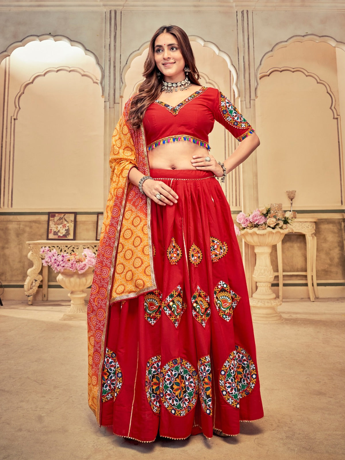 Women's Lehenga Choli in Black & Maroon Cotton Silk with Mirror Embroidery