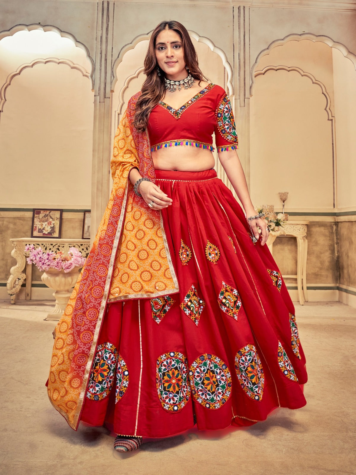 Women's Lehenga Choli in Black & Maroon Cotton Silk with Mirror Embroidery