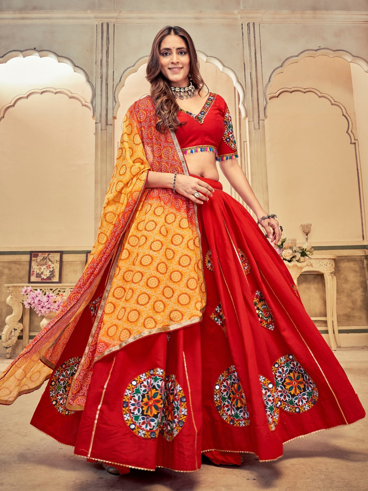 Women's Lehenga Choli in Black & Maroon Cotton Silk with Mirror Embroidery