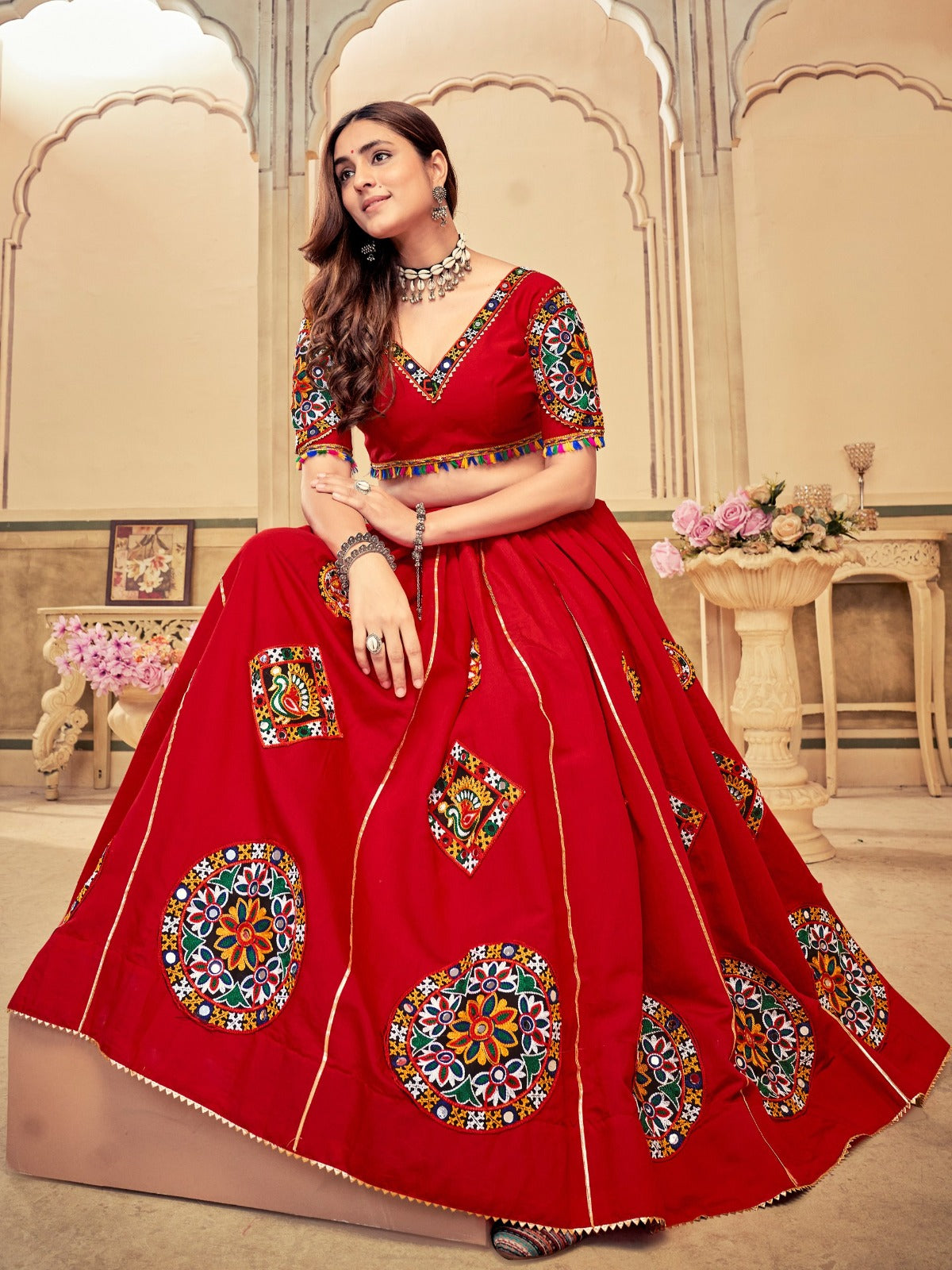 Women's Lehenga Choli in Black & Maroon Cotton Silk with Mirror Embroidery