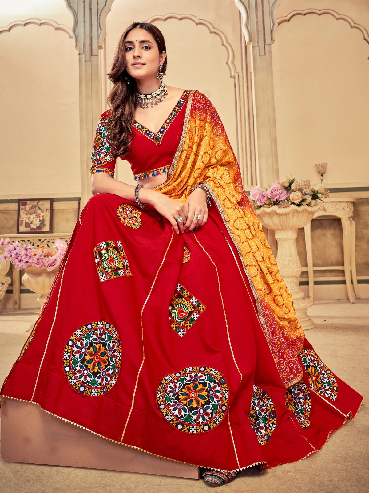 Women's Lehenga Choli in Black & Maroon Cotton Silk with Mirror Embroidery
