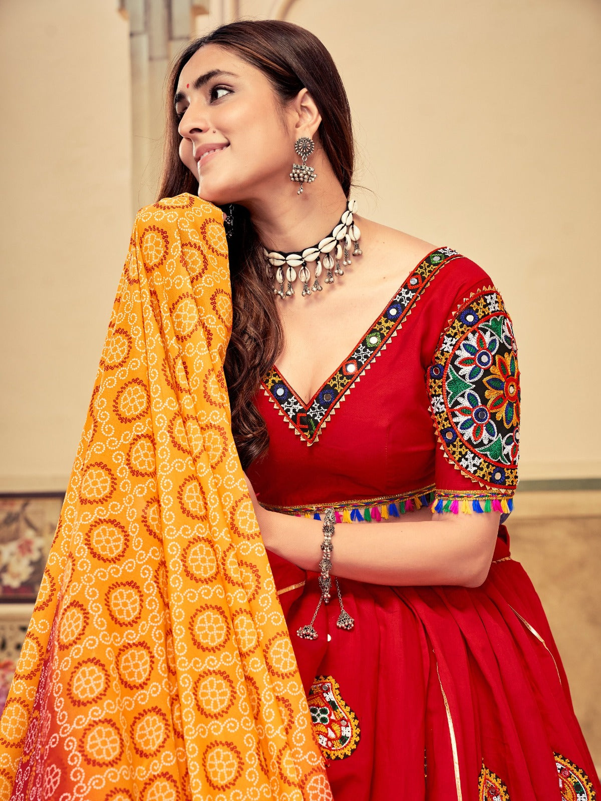 Women's Lehenga Choli in Black & Maroon Cotton Silk with Mirror Embroidery