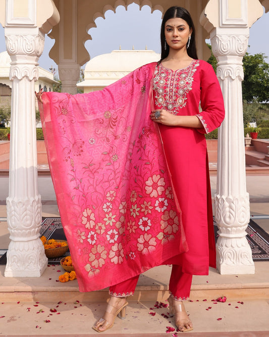 Women's Kurti Pant Set in Pink Cotton Silk with Hand Embroidery