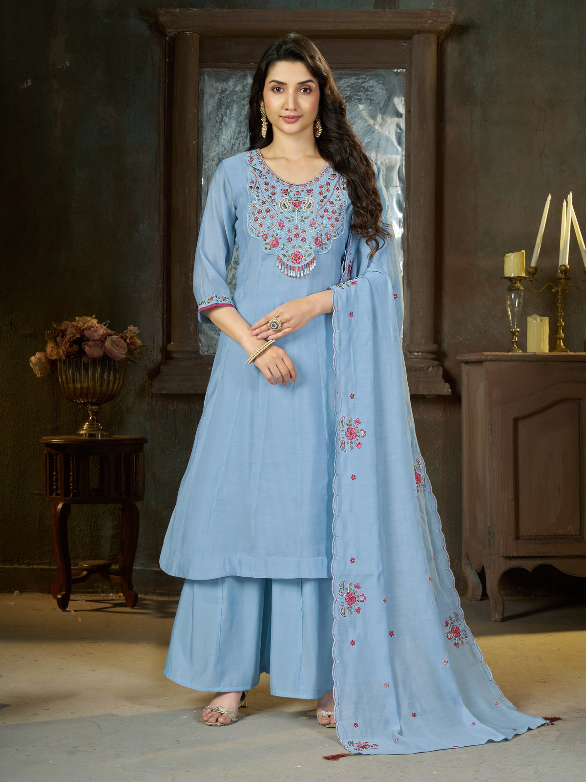 Women's Anarkali Kurti Set in Assorted Colors Mal Chanderi with Hand Embroidery