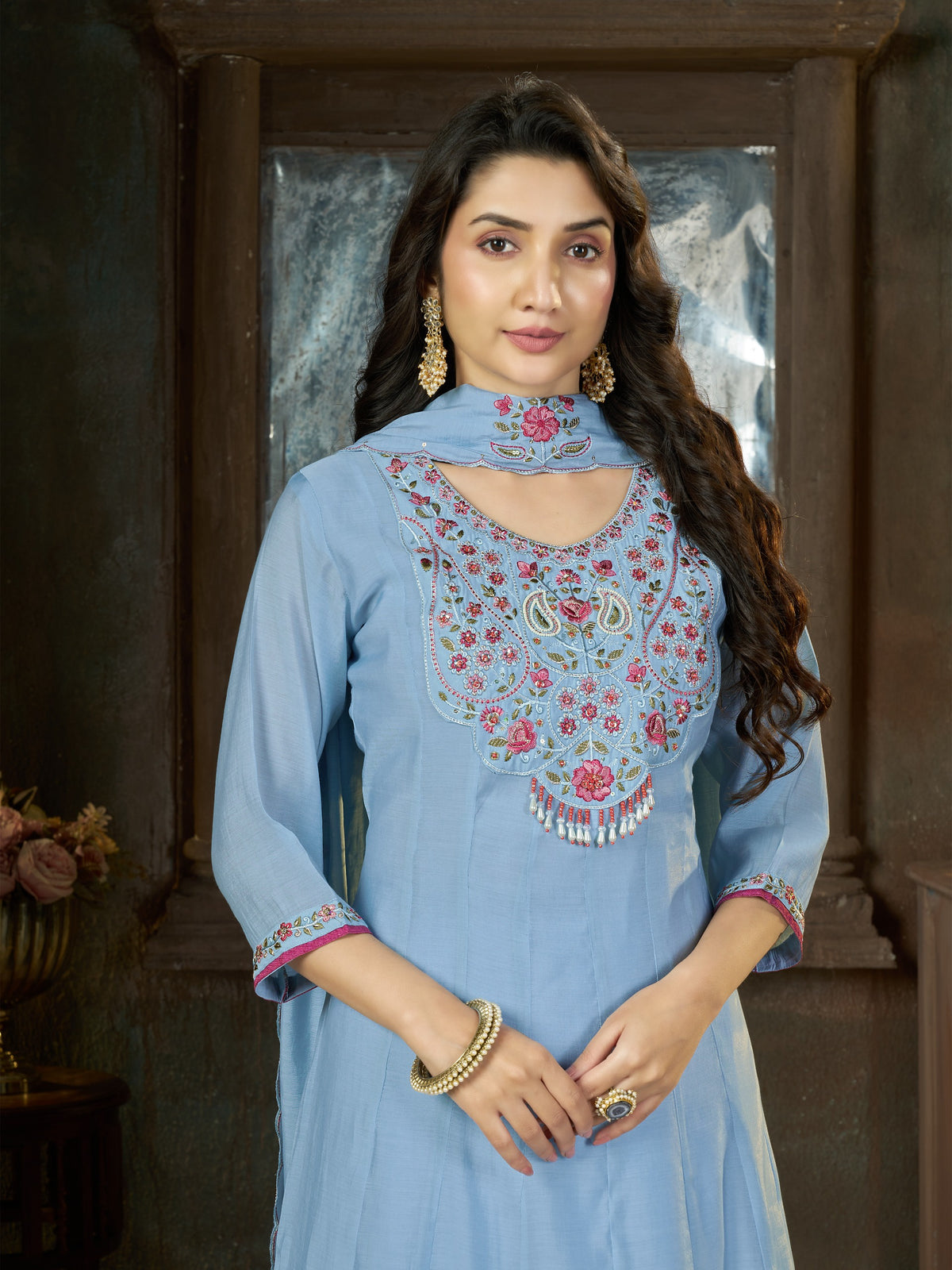 Women's Anarkali Kurti Set in Assorted Colors Mal Chanderi with Hand Embroidery