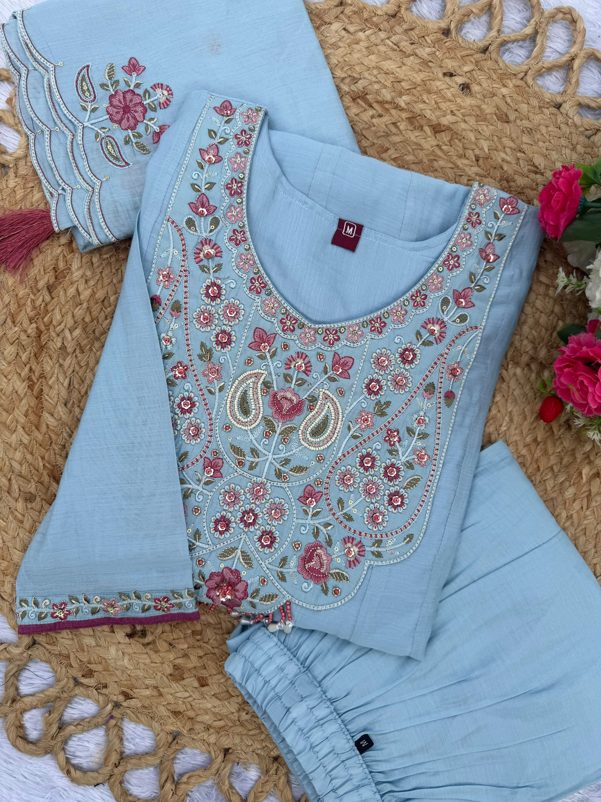 Women's Anarkali Kurti Set in Assorted Colors Mal Chanderi with Hand Embroidery