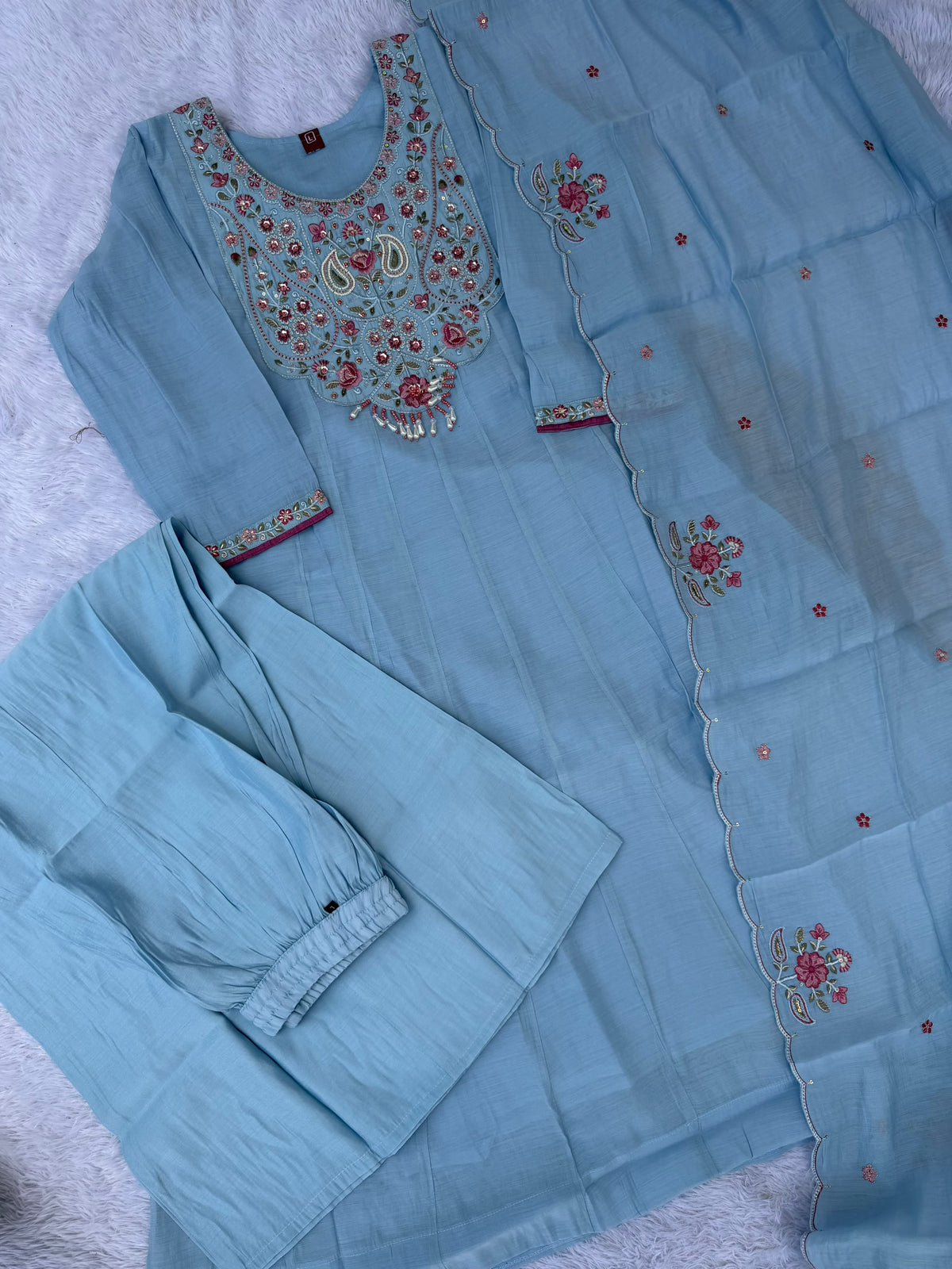 Women's Anarkali Kurti Set in Assorted Colors Mal Chanderi with Hand Embroidery
