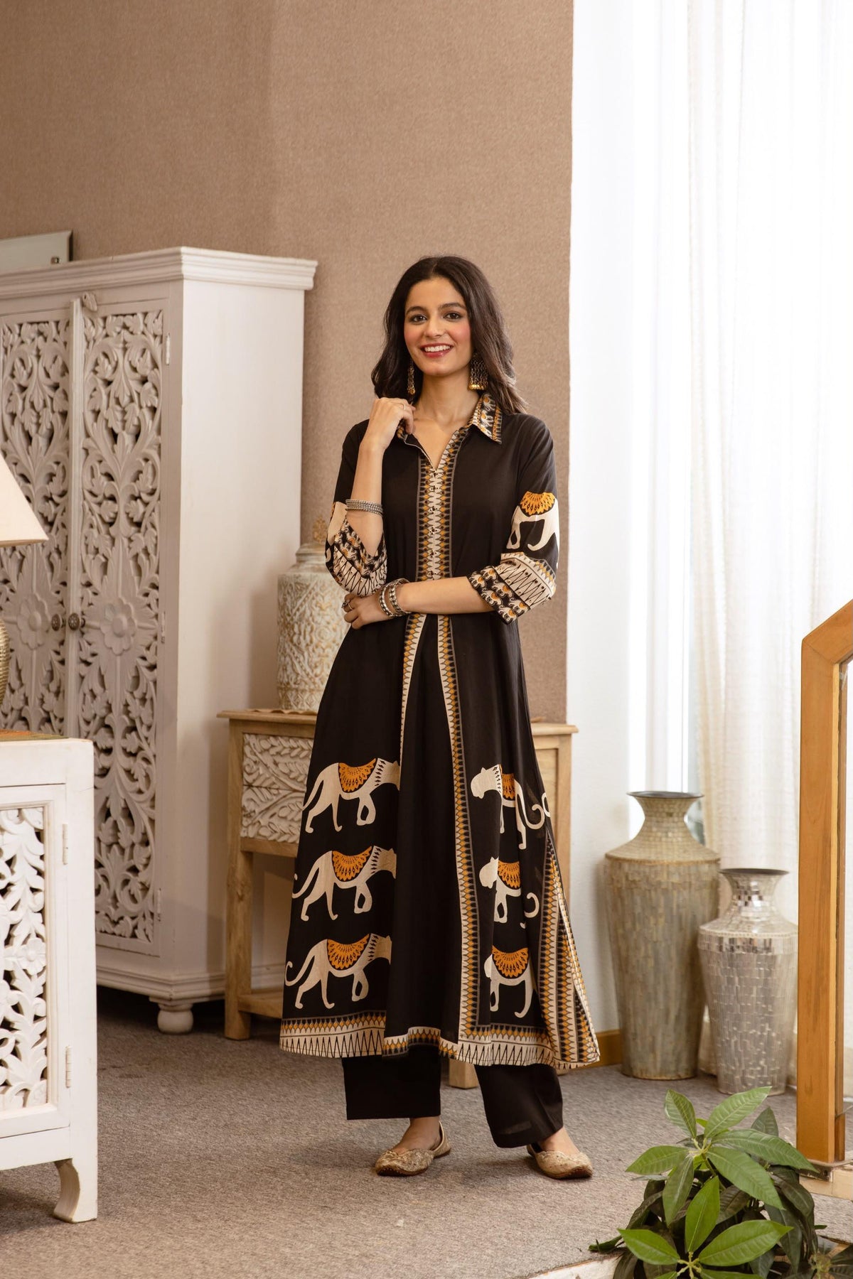 Women's Cotton Co-Ord Set in Black with Elephant Placement Print and Handwork Detailing