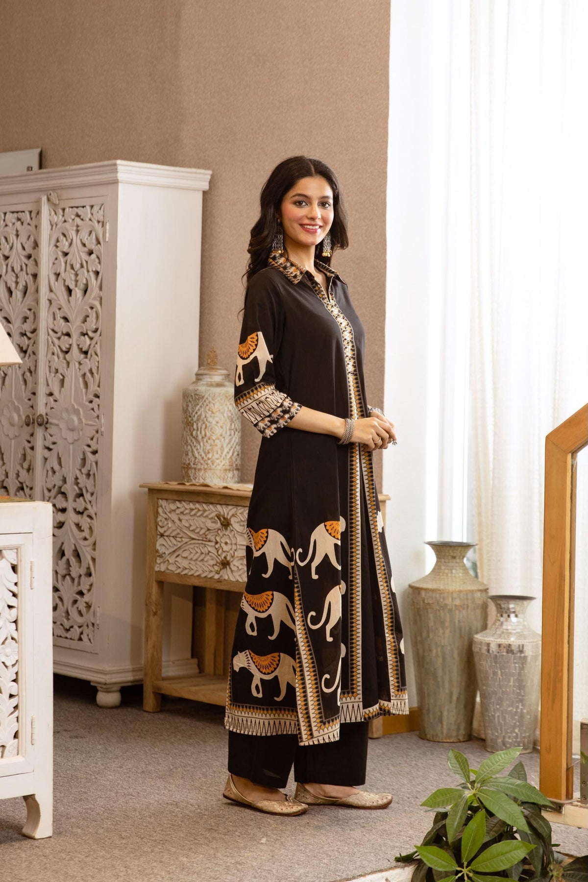 Women's Cotton Co-Ord Set in Black with Elephant Placement Print and Handwork Detailing