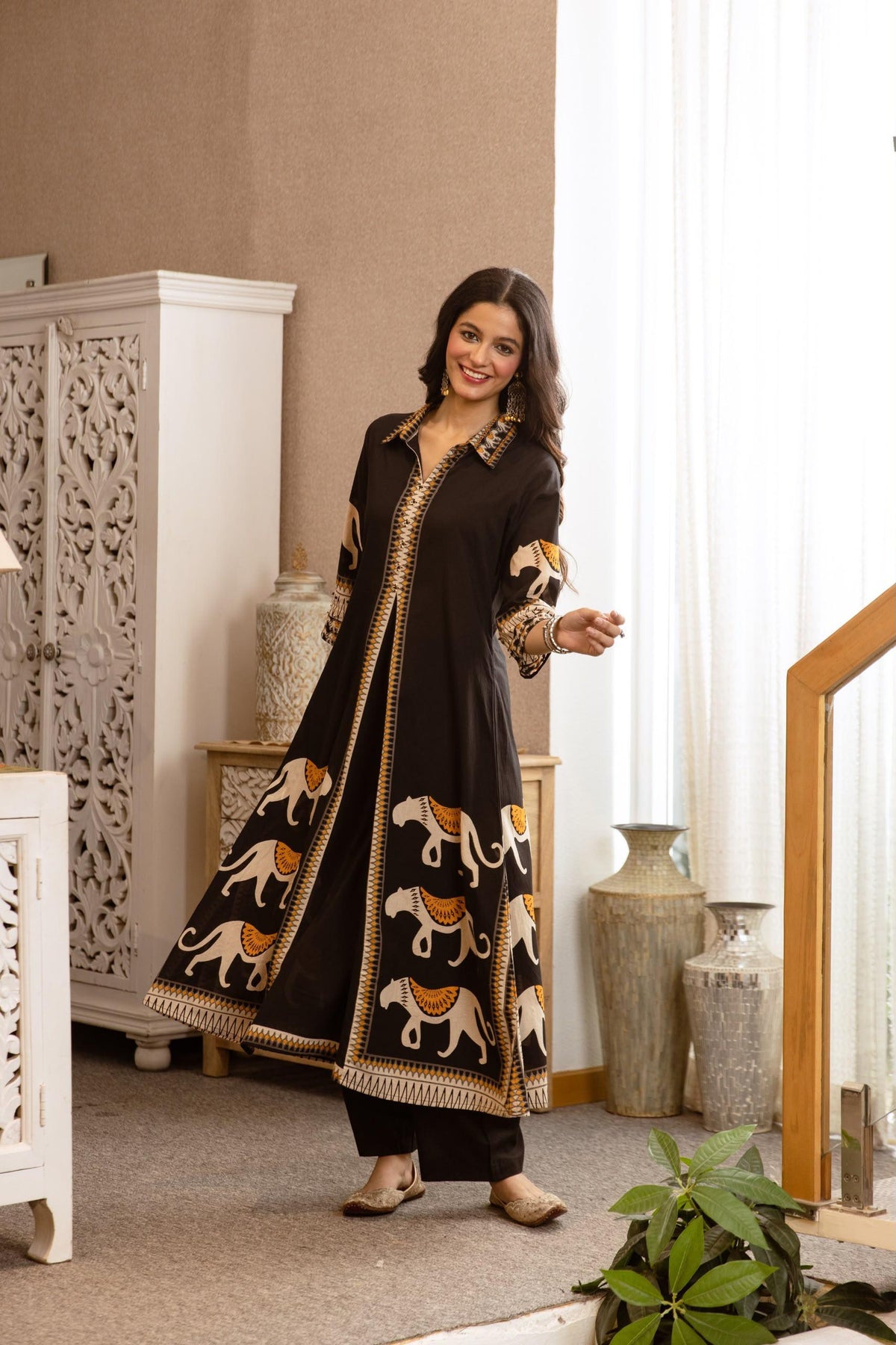 Women's Cotton Co-Ord Set in Black with Elephant Placement Print and Handwork Detailing