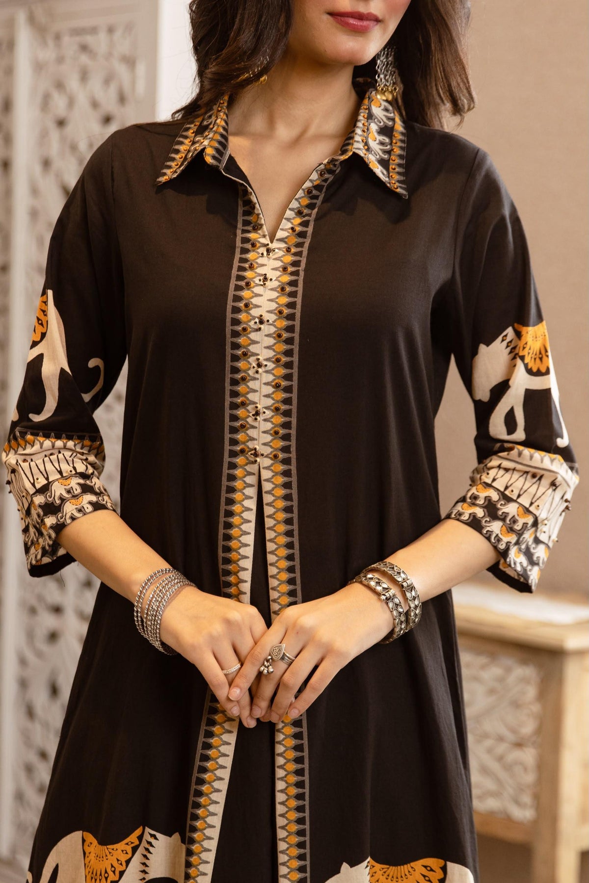Women's Cotton Co-Ord Set in Black with Elephant Placement Print and Handwork Detailing
