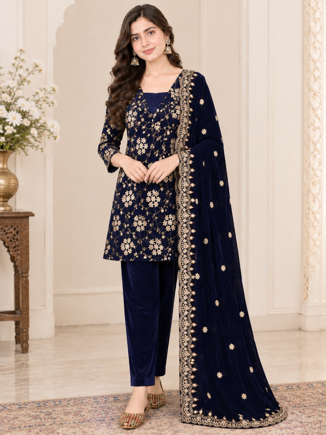 Women's Velvet Suit Pant Dupatta Set in Navy Blue with Gold Multi-Sequence Embroidery