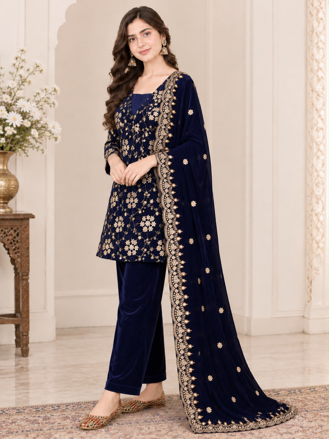 Women's Velvet Suit Pant Dupatta Set in Navy Blue with Gold Multi-Sequence Embroidery