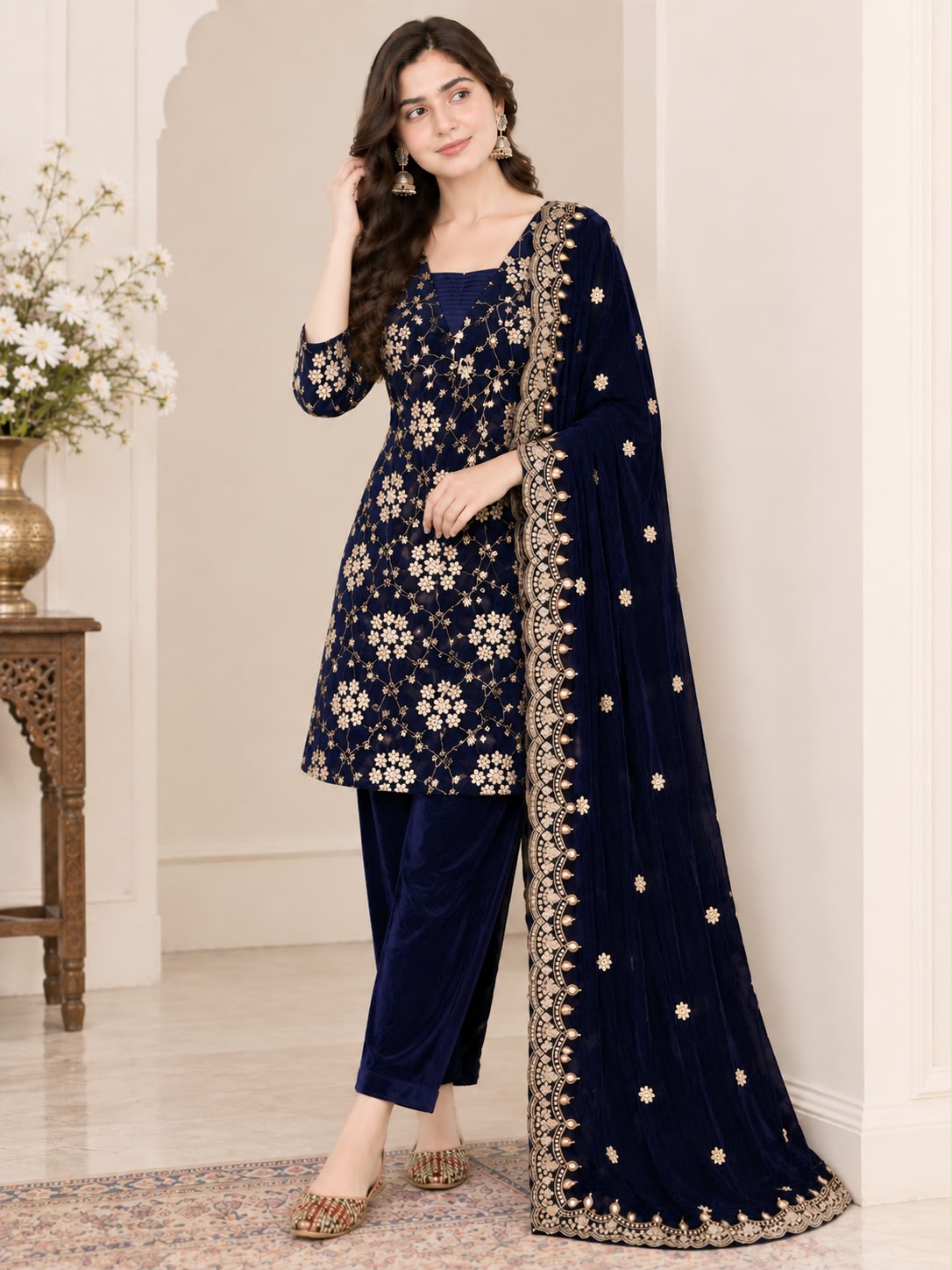 Women's Velvet Suit Pant Dupatta Set in Navy Blue with Gold Multi-Sequence Embroidery
