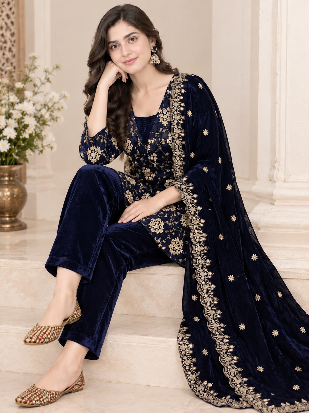 Women's Velvet Suit Pant Dupatta Set in Navy Blue with Gold Multi-Sequence Embroidery