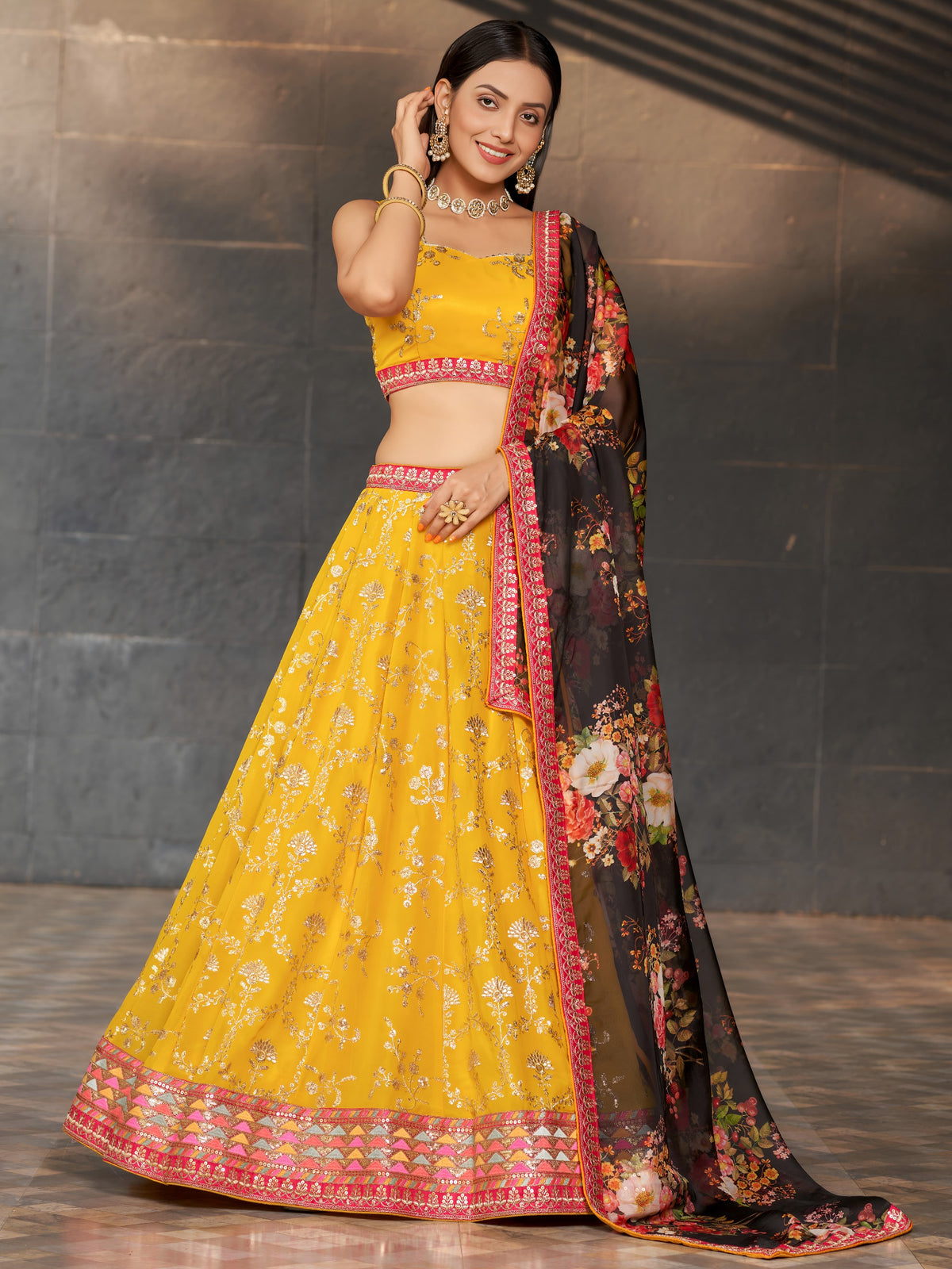 Women's Lehenga Choli Set in Marigold Yellow Georgette with Zari, Dori and Sequin Embroidery