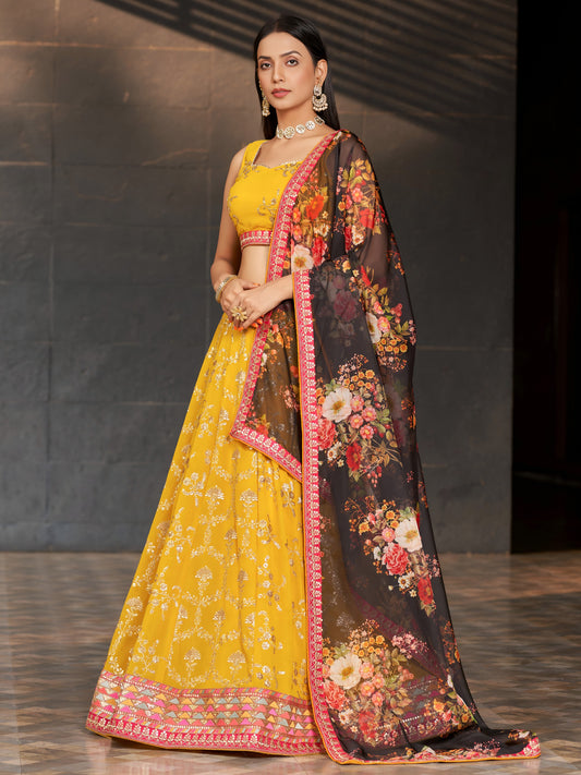 Women's Lehenga Choli Set in Marigold Yellow Georgette with Zari, Dori and Sequin Embroidery