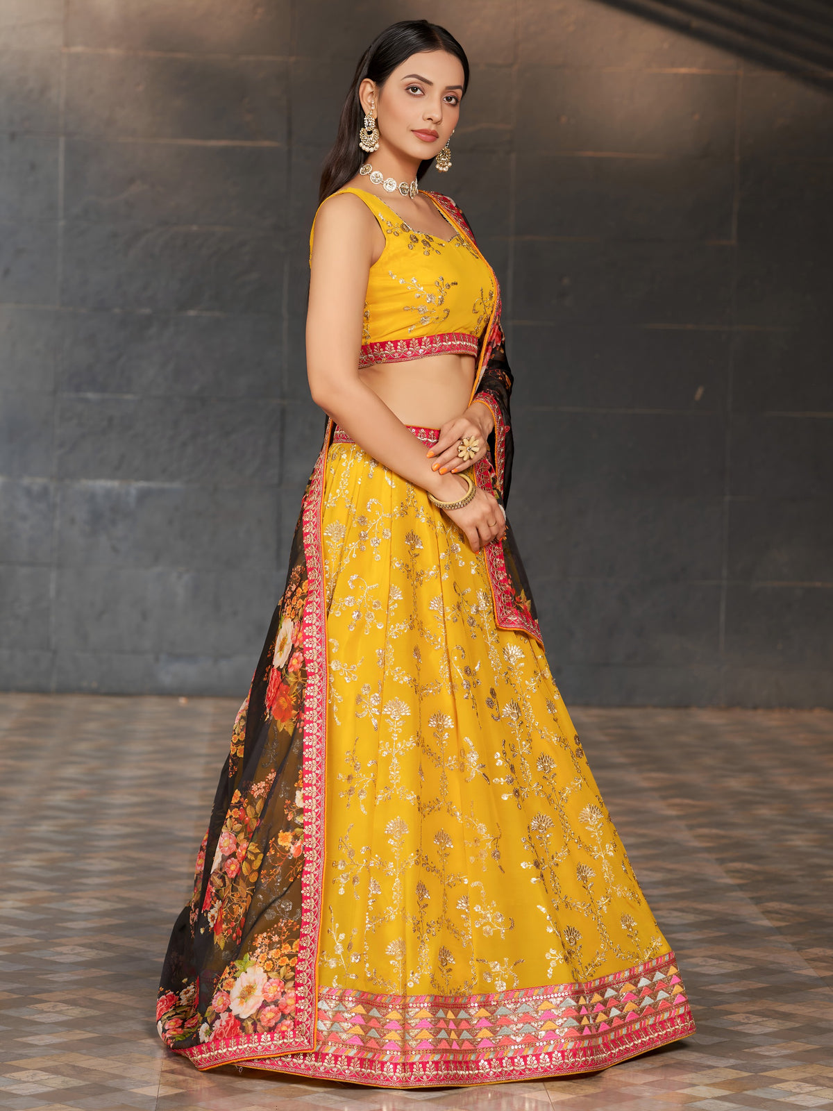 Women's Lehenga Choli Set in Marigold Yellow Georgette with Zari, Dori and Sequin Embroidery
