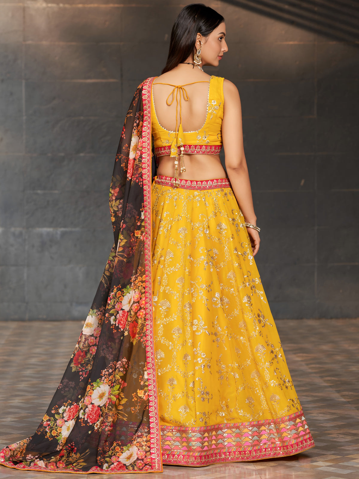 Women's Lehenga Choli Set in Marigold Yellow Georgette with Zari, Dori and Sequin Embroidery