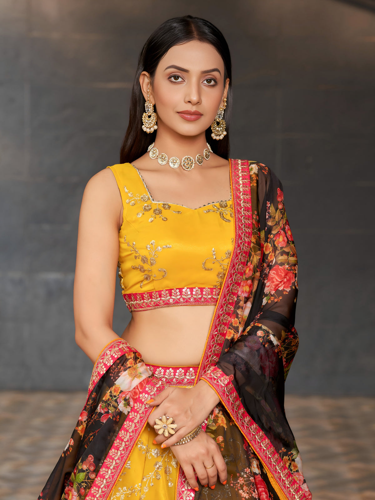 Women's Lehenga Choli Set in Marigold Yellow Georgette with Zari, Dori and Sequin Embroidery