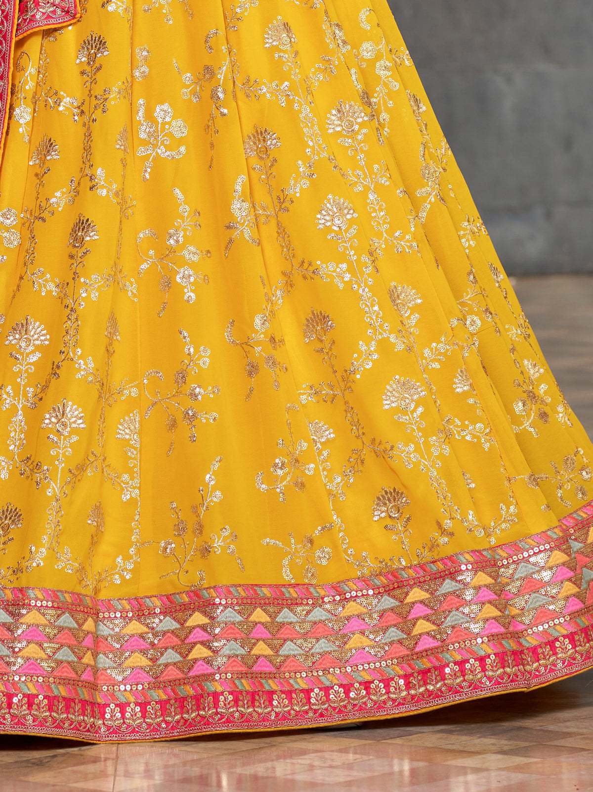 Women's Lehenga Choli Set in Marigold Yellow Georgette with Zari, Dori and Sequin Embroidery